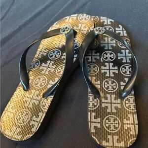 Tory Burch Black and Grey Logo Flip Flops